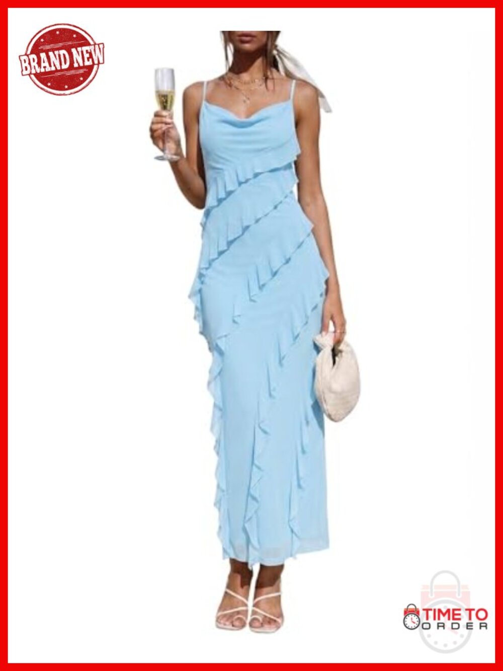 Ruffle Spaghetti Strap Wedding Guest Dress Cowl Neck Bodycon Back Slit Midi
